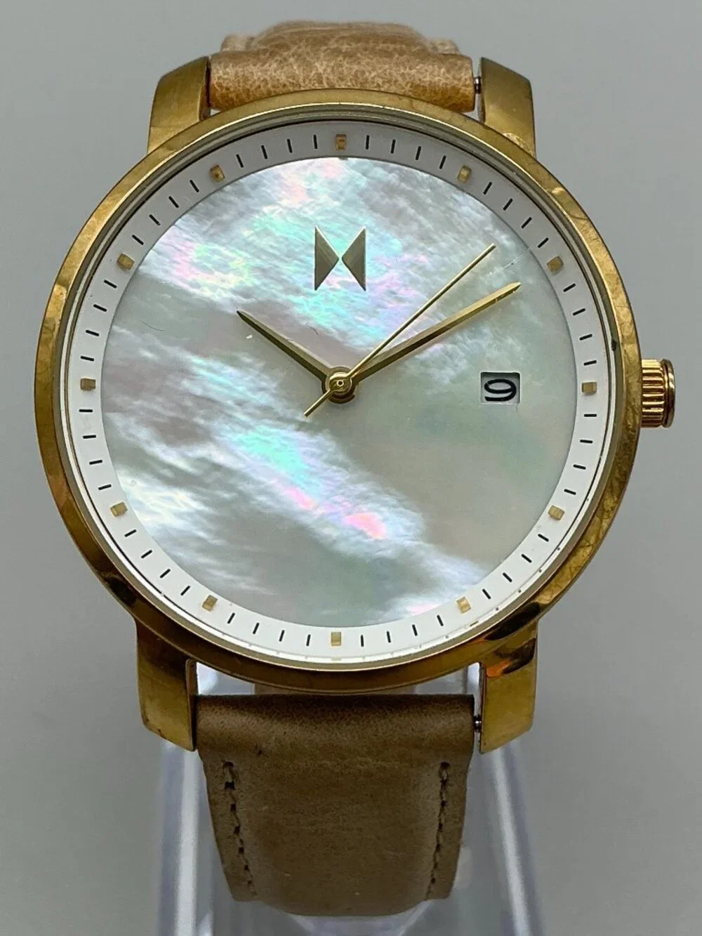 MVMT Gold Pearl Womens Watch 38mm MOP Dial Gold Tone Leather Date New Battery